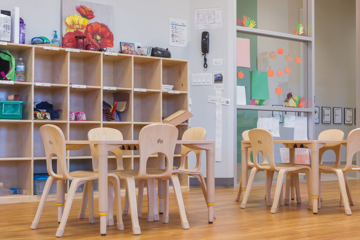Tables, chairs, and cubbies supplied by Meadow Montessori School in South Richmond, TX