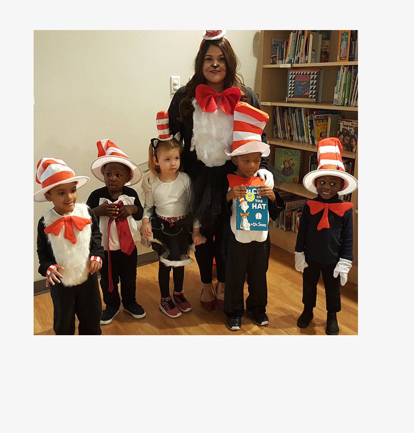 Classroom students and teacher dressed as Cat in The Hat at Meadow Montessori School