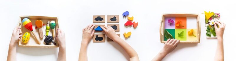 Children playing with Montessori toys at home